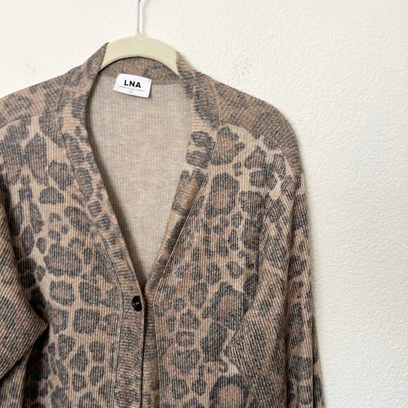 [LNA] Brown Leopard Print Kurt Longline Ribbed Knit Duster Cardigan Size Large L - Picture 10 of 12